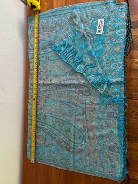 Turquoise Paisley Pashmina Wrap Scarf with Fringe 100% Cashmere